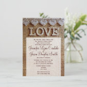 Rustic Burlap en Lace LOVE Wedding Invitations Kaart (Staand voorkant)