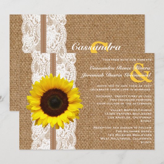 Rustic Burlap en Lace met Sunflower Wedding Kaart (Voorkant / Achterkant)