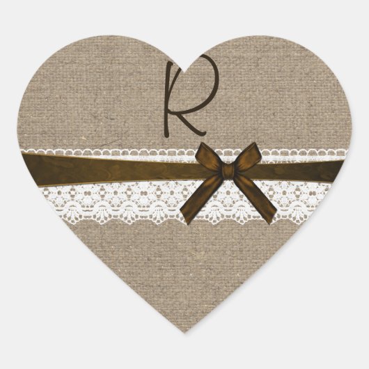 Rustic Burlap en Lace Monogram Envelope Seal Hart Sticker (Voorkant)