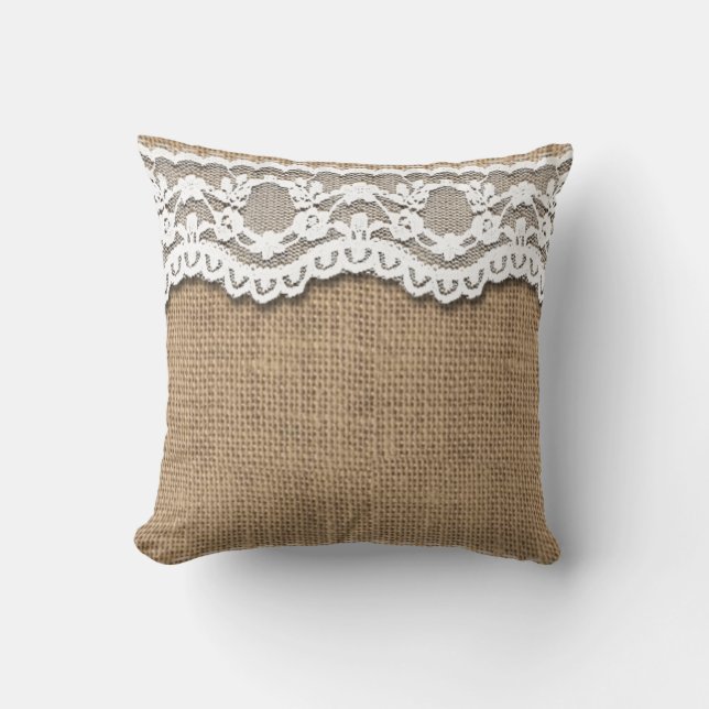 Rustic Burlap en Lace Pillow Kussen (Voorkant)