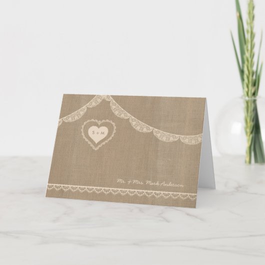 Rustic Burlap en Lace Wedding bedankt je notities (Voorkant)