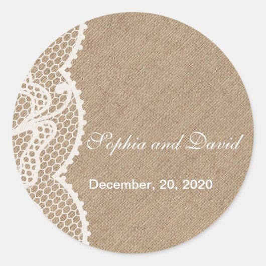 Rustic Burlap en Lace Wedding Favor Monogram Ronde Sticker (Voorkant)