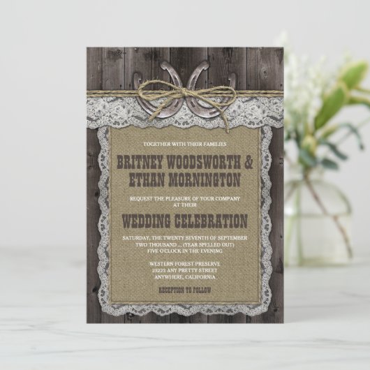 Rustic Burlap en Lace Wedding Invitations Kaart (Staand voorkant)