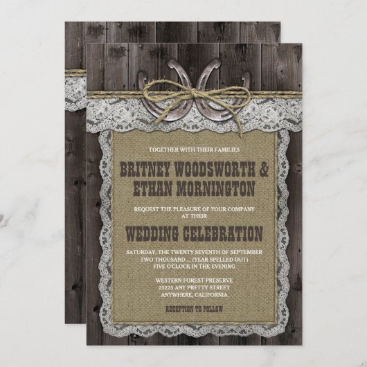 Rustic Burlap en Lace Wedding Invitations Kaart (Voorkant / Achterkant)