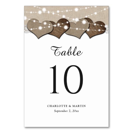 Rustic Burlap- en Lace Wedding-nummers Kaart (Achterkant)