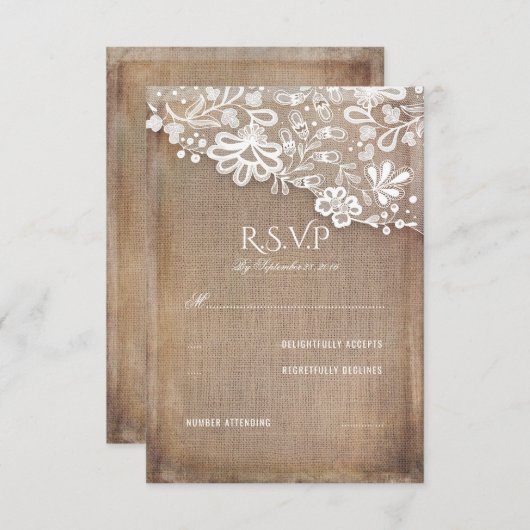 Rustic Burlap- en Lace Wedding RSVP-kaart RSVP Kaartje (Voorkant / Achterkant)