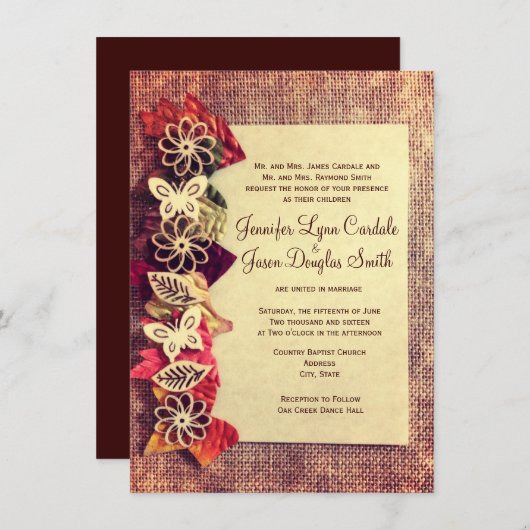 Rustic Burlap en Leaves Fall Wedding Invitations Kaart (Voorkant / Achterkant)