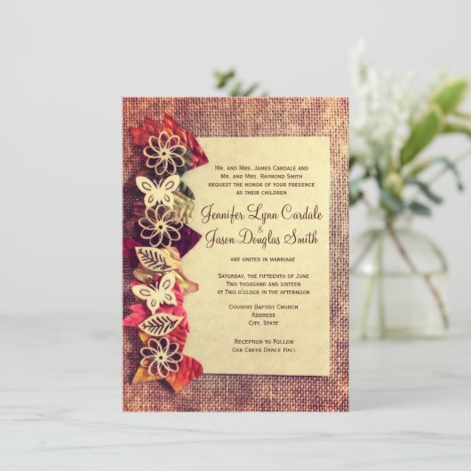Rustic Burlap en Leaves Fall Wedding Invitations Kaart (Staand voorkant)