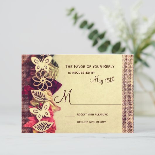 Rustic Burlap- en Leaves Wedding RSVP-kaarten RSVP Kaartje (Staand voorkant)