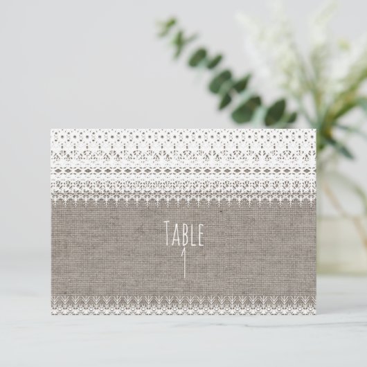Rustic Burlap- en legant lace Wedding Table Number Kaart (Staand voorkant)