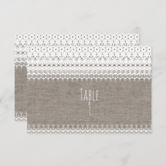 Rustic Burlap- en legant lace Wedding Table Number Kaart (Voorkant / Achterkant)