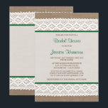 Rustic Burlap en  Vrijgezellenfeest met witte lens Kaart<br><div class="desc">Deze roestachtige douche en de , blanke ridale doucheuitnodiging zullen de perfecte aankondiging zijn voor elke toekomstige bruid! Het ontwerp is voorzien van een mooie rustische achtergrond met een romantische witte kant en een groene lint effect trim. Deze uitnodigingen kunnen gepersonaliseerd worden voor je speciale gelegenheid en maken de perfecte...</div>