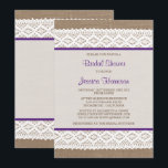 Rustic Burlap en  Vrijgezellenfeest met witte lens Kaart<br><div class="desc">Deze roestachtige douche en de , blanke ridale doucheuitnodiging zullen de perfecte aankondiging zijn voor elke toekomstige bruid! Het ontwerp is voorzien van een mooie rustische achtergrond met een romantische witte kant en paarse lint-effect trim. Deze uitnodigingen kunnen gepersonaliseerd worden voor je speciale gelegenheid en maken de perfecte aankondiging voor...</div>