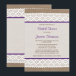 Rustic Burlap en  Vrijgezellenfeest met witte lens Kaart<br><div class="desc">Deze roestachtige douche en de , blanke ridale doucheuitnodiging zullen de perfecte aankondiging zijn voor elke toekomstige bruid! Het ontwerp is voorzien van een mooie rustische achtergrond met een romantische witte kant en paarse lint-effect trim. Deze uitnodigingen kunnen gepersonaliseerd worden voor je speciale gelegenheid en maken de perfecte aankondiging voor...</div>