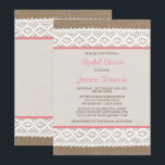 Rustic Burlap en  Vrijgezellenfeest met witte lens Kaart<br><div class="desc">Deze roestachtige douche en de , blanke ridale doucheuitnodiging zullen de perfecte aankondiging zijn voor elke toekomstige bruid! Het ontwerp is voorzien van een prachtige rustische achtergrond met een romantische witte kant en een roze linteffect. Deze uitnodigingen kunnen gepersonaliseerd worden voor je speciale gelegenheid en maken de perfecte aankondiging voor...</div>