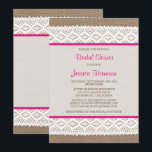 Rustic Burlap en  Vrijgezellenfeest met witte lens Kaart<br><div class="desc">Deze roestachtige douche en de , blanke ridale doucheuitnodiging zullen de perfecte aankondiging zijn voor elke toekomstige bruid! Het ontwerp is voorzien van een prachtige rustische achtergrond met een romantische witte kant en een roze linteffect. Deze uitnodigingen kunnen gepersonaliseerd worden voor je speciale gelegenheid en maken de perfecte aankondiging voor...</div>