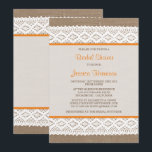 Rustic Burlap en  Vrijgezellenfeest met witte lens Kaart<br><div class="desc">Deze roestachtige douche en de , blanke ridale doucheuitnodiging zullen de perfecte aankondiging zijn voor elke toekomstige bruid! Het ontwerp is voorzien van een mooie rustische achtergrond voor het burlap-effect met een romantische witte kant en een oranje ribbon effect trim. Deze uitnodigingen kunnen gepersonaliseerd worden voor je speciale gelegenheid en...</div>