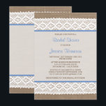 Rustic Burlap en  Vrijgezellenfeest met witte lens Kaart<br><div class="desc">Deze roestachtige douche en de , blanke ridale doucheuitnodiging zullen de perfecte aankondiging zijn voor elke toekomstige bruid! Het ontwerp is voorzien van een mooie rustische achtergrond voor het burlap-effect met een romantische witte kant en een blauwe linteffect. Deze uitnodigingen kunnen gepersonaliseerd worden voor je speciale gelegenheid en maken de...</div>