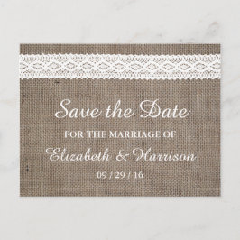 Rustic Burlap en witte ruimte sparen de datum Aankondigingskaart