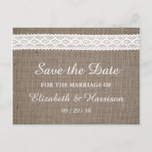 Rustic Burlap en  witte ruimte sparen de datum Aankondigingskaart (Voorkant)
