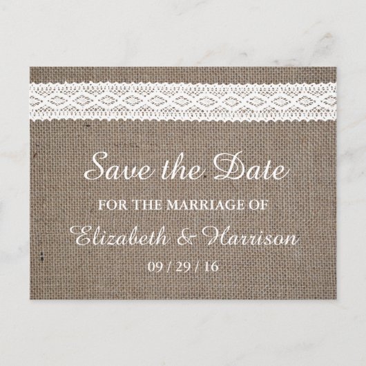Rustic Burlap en  witte ruimte sparen de datum Aankondigingskaart (Voorkant)