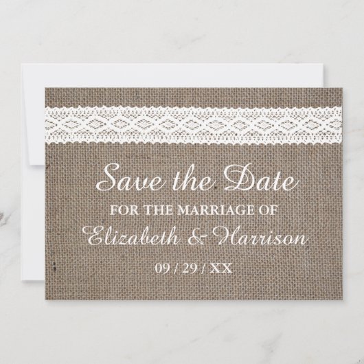 Rustic Burlap en witte ruimte sparen de datum Save The Date (Voorkant)