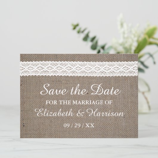 Rustic Burlap en witte ruimte sparen de datum Save The Date (Staand voorkant)