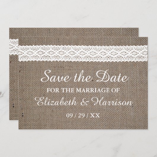 Rustic Burlap en witte ruimte sparen de datum Save The Date (Voorkant / Achterkant)