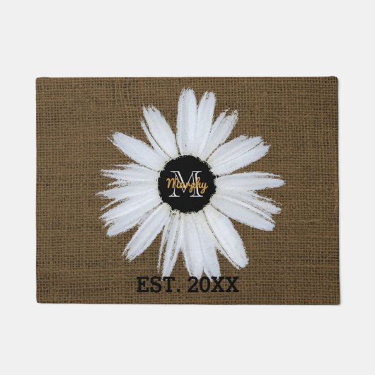 Rustic Burlap Familienaam Jaar | Monogrammed Daisy Deurmat (Voorkant)