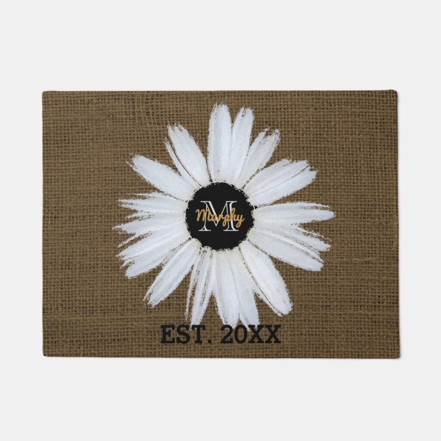 Rustic Burlap Familienaam Jaar | Monogrammed Daisy Deurmat (Voorkant)
