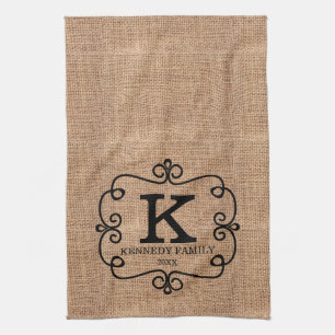 Rustic Burlap Farmhouse Familienaam Monogramed Theedoek
