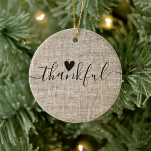 Rustic Burlap Farmhouse Thankful Keramisch Ornament