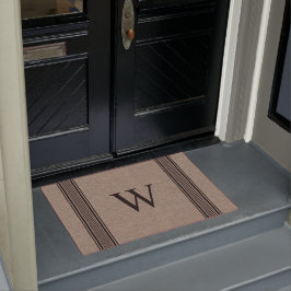 Rustic Burlap Farmhouse Ticking Stripe Monogram Deurmat