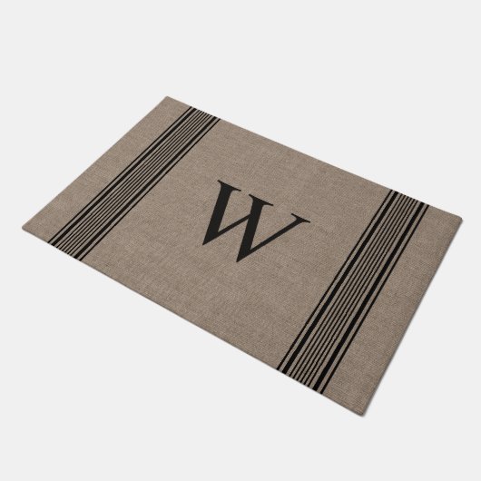 Rustic Burlap Farmhouse Ticking Stripe Monogram Deurmat (Schuin)