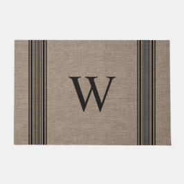 Rustic Burlap Farmhouse Ticking Stripe Monogram Deurmat