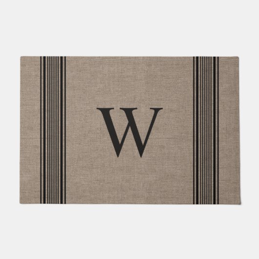 Rustic Burlap Farmhouse Ticking Stripe Monogram Deurmat (Voorkant)