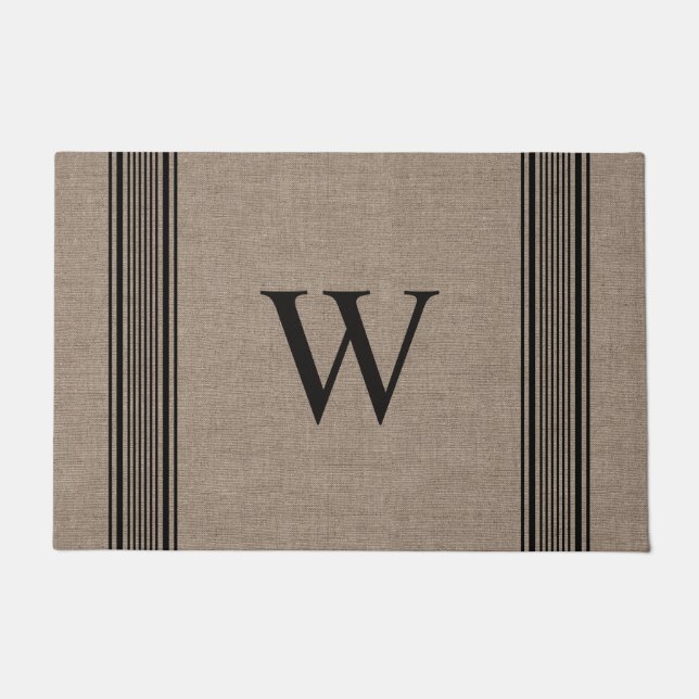 Rustic Burlap Farmhouse Ticking Stripe Monogram Deurmat (Voorkant)