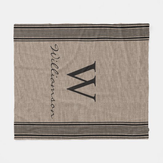 Rustic Burlap Farmhouse Ticking Stripe Monogram Fleece Deken (Voorkant (Horizontaal))