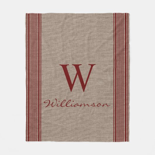 Rustic Burlap Farmhouse Ticking Stripe Monogram Fleece Deken (Voorkant)