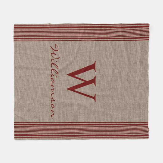 Rustic Burlap Farmhouse Ticking Stripe Monogram Fleece Deken (Voorkant (Horizontaal))