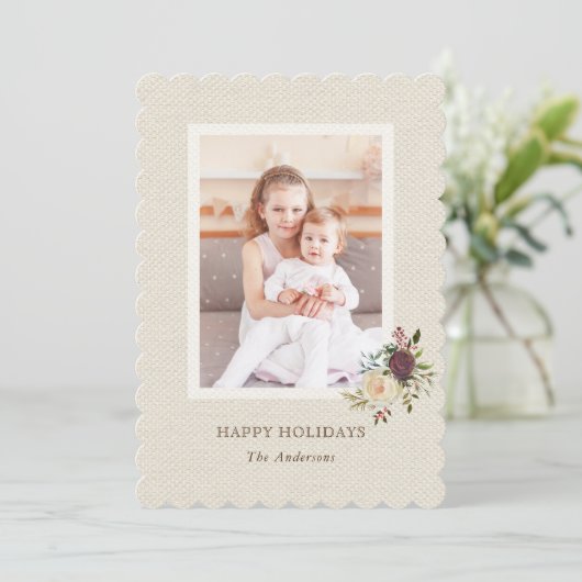Rustic Burlap Floral kerstfeestdag fotokaart Feestdagenkaart (Staand voorkant)