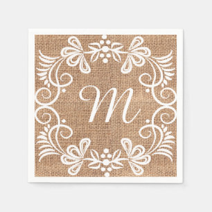 Rustic Burlap Floral Monogram Initiaal Servet