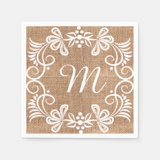 Rustic Burlap Floral Monogram Initiaal Servet (Voorkant)