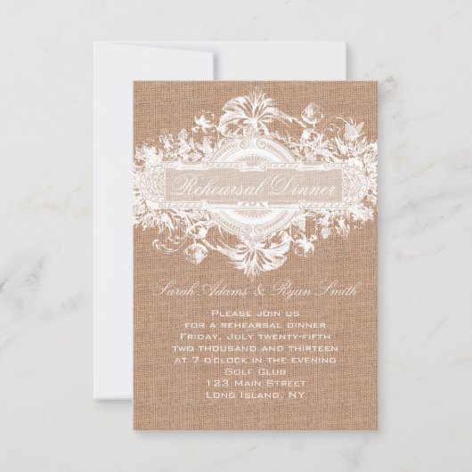 RUSTIC BURLAP FLORAL WEDDING REHEARSAL DINER KAART (Voorkant)