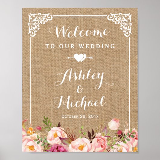 Rustic Burlap Floral Welcome Wedding Sign Poster (Voorkant)