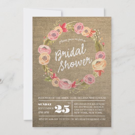 Rustic Burlap Floral Wreath Vrijgezellenfeest Invi Kaart (Voorkant)