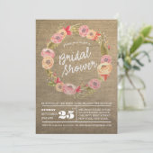 Rustic Burlap Floral Wreath Vrijgezellenfeest Invi Kaart (Staand voorkant)