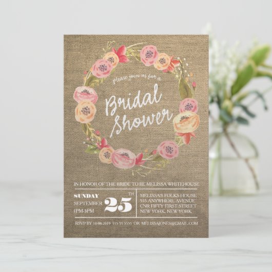 Rustic Burlap Floral Wreath Vrijgezellenfeest Invi Kaart (Staand voorkant)