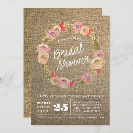 Rustic Burlap Floral Wreath Vrijgezellenfeest Invi Kaart (Voorkant / Achterkant)