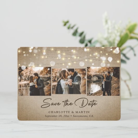 Rustic Burlap foto Wedding Save the Date (Staand voorkant)